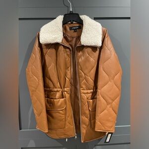 Kenneth Cole New York Faux Fur Trimmed Quilted Faux Leather Anorak Jacket, Small